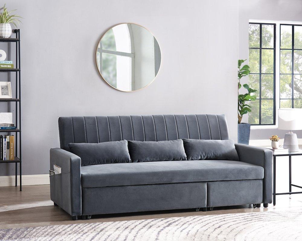 Devon Velvet Pull Out Sofa Bed Ribbed Fabric Detailing and Side Pocket Storage